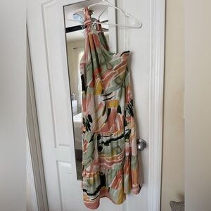 Entro One Shoulder Dress in Orange and Green Abstract
